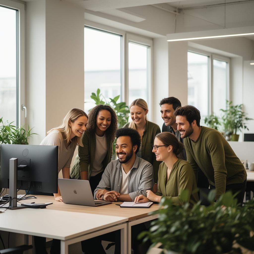 Zufriedenes Team im modernen Büro – betriebliche Krankenversicherung als Mitarbeiter-Benefit